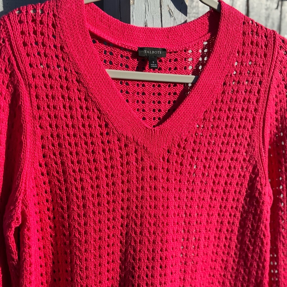 Talbots Cardigan Sweater Women’s Small Open Knit Cotton HOT PINK V-Neck NEW 2024